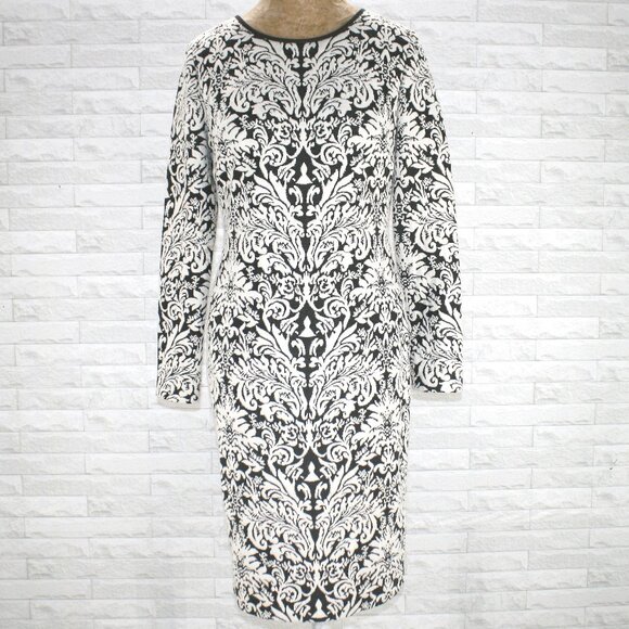 VINCE CAMUTO Dress Sweater Knit Midi Damask Long Sleeve Woven Black White 6 - Picture 1 of 16